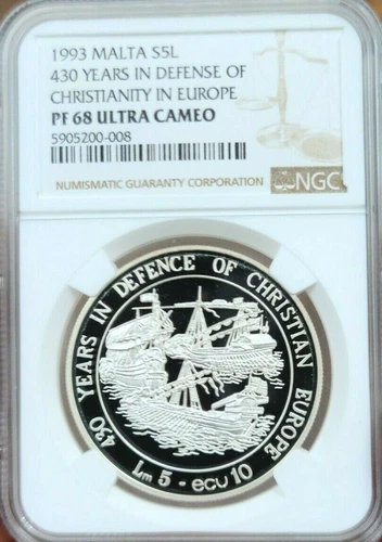 1993 MALTA SILVER 5 LIRI DEFENSE OF CHRISTIANITY IN EUROPE NGC PF 68 ULTRA CAMEO