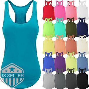 Womens-Tank-Top-Cotton-Sleeveless-Tee-Casual-Basic-Workout-RACER-BACK-Yoga-Gym