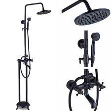 Black Bronze Floor Mount Shower Faucet System Freestanding Tub Filler with Spray