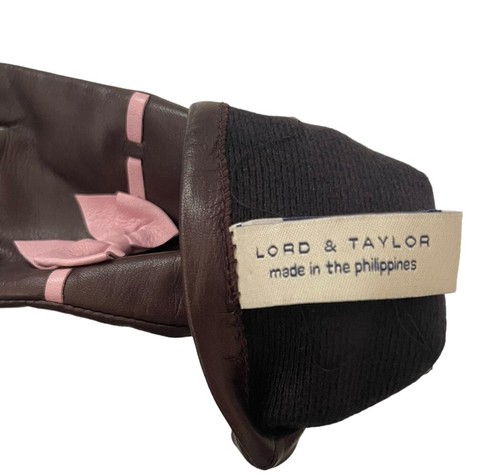 Lord & Taylor Dark Brown Leather Gloves With Pink Bows Polyester Lined Size 7 - Picture 3 of 4