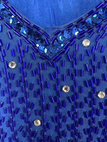 Vintage Blue & Silver Leaves 80s Sequence Pullover Top Long Sleeve Shoulder Pads - Picture 7 of 8