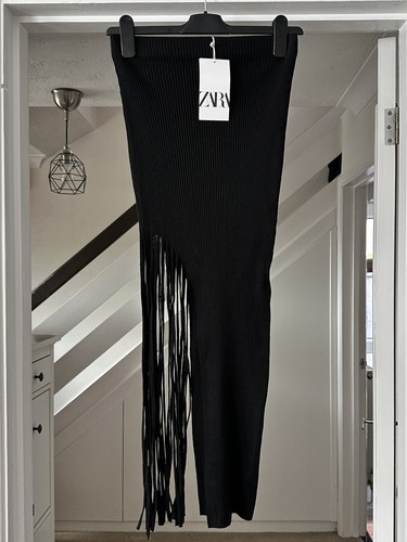 ZARA Black High Waist Fringed Ribbed Midi Skirt Size M Bloggers Fave Holiday - Picture 4 of 5
