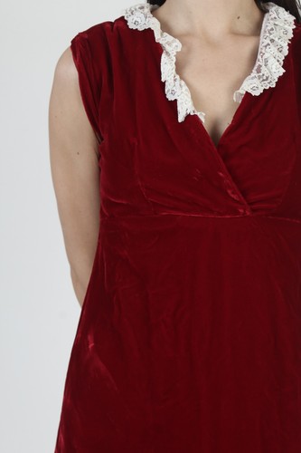 Vtg 70s Velvet Holiday Party Dress High Waist Mod Burgundy Red Lace Tuxedo Mini - Picture 7 of 7