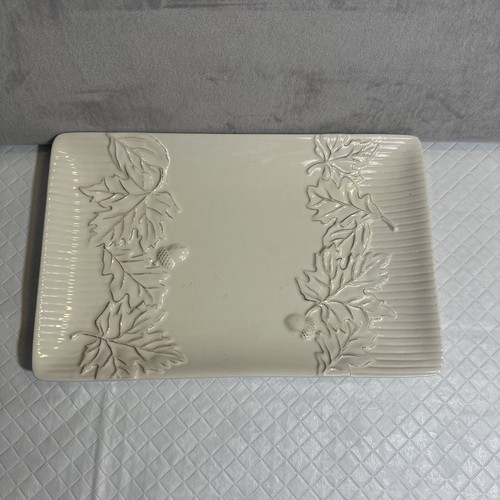 Hallmark Fall Foliage Leaves Acorns Rectangular Tray White distressed