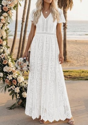 NWT Merokeety Medium Short Sleeve VNeck Lace Lined Maxi Dress Beach Wedding  | eBay
