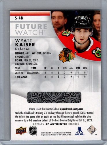 Wyatt Kaiser 2023-24 SP Authentic Spectrum FX Unscratched RC #48 Blackhawks - Picture 2 of 2