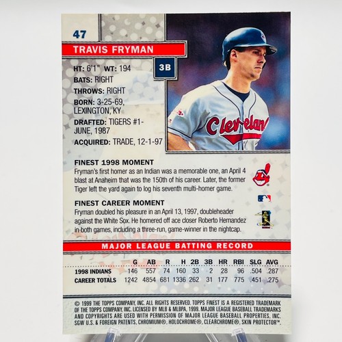 TRAVIS FRYMAN 1999 Topps Finest #47 MLB Baseball Indians - Picture 2 of 2