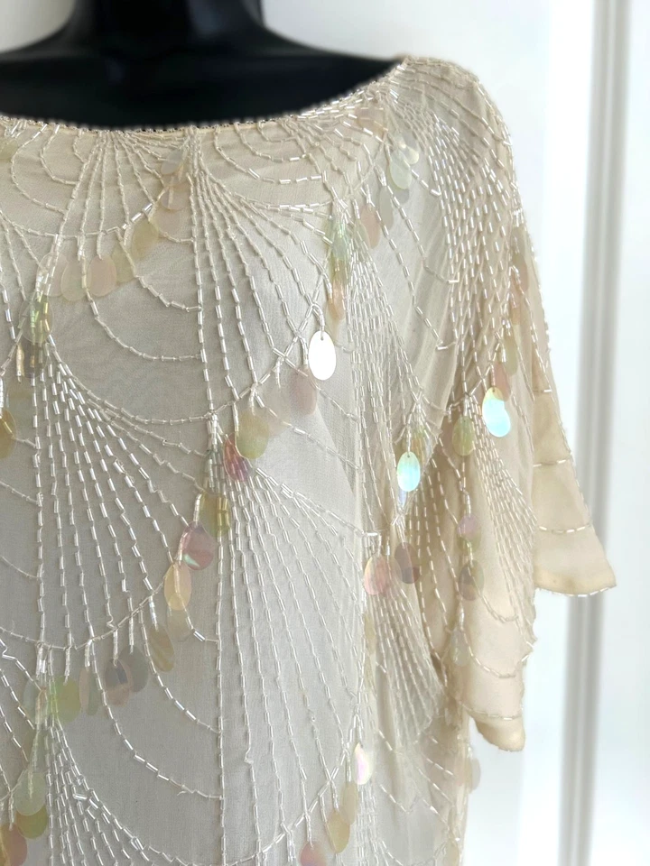 Vintage Oleg Cassini 1980s Ivory Sequin Cocktail Dress Size 12 Gatsby Wedding - Image 2 of 4