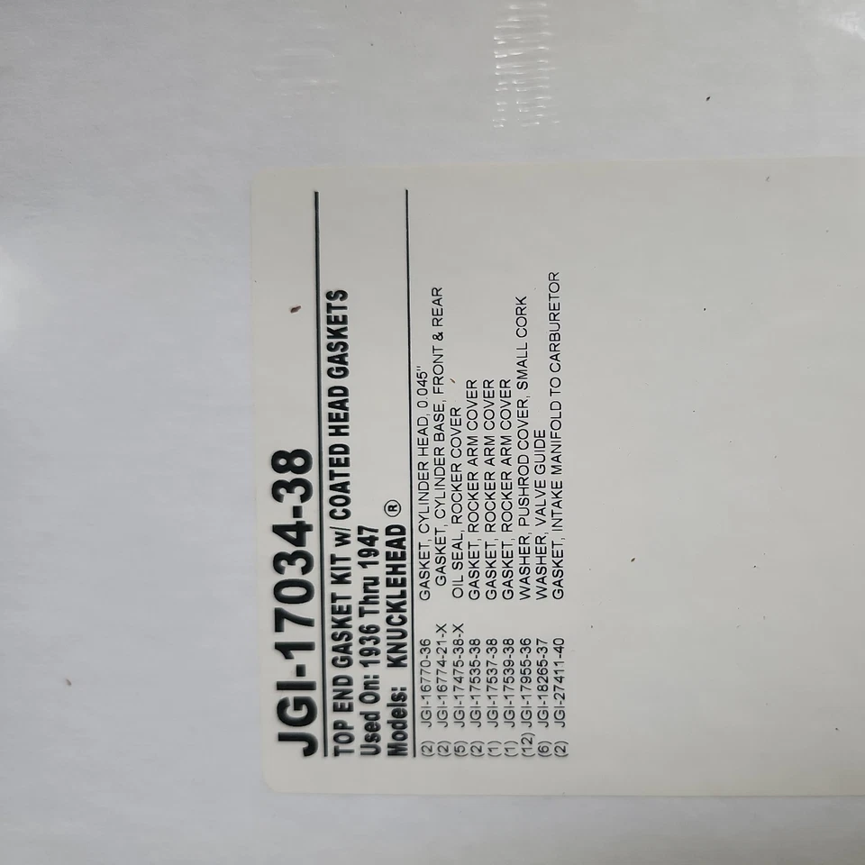 James Top End Gasket Kit #JGI-17034-38 Harley Davidson knucklehead 1936-1947 - Image 2 of 2
