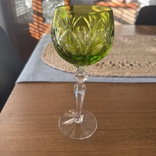 Vintage Emerald Green Crystal Wine Hock Goblet Glass Hand-Cut Cut to Clear 8”