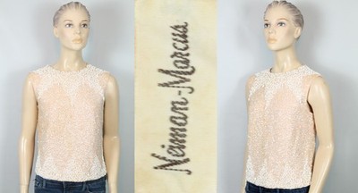 Vtg 60s NEIMAN-MARCUS Blush Knit Sequin Beaded Tank Top Blouse Sleeveless S/M
