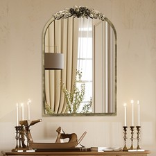 Large Vintage Baroque Arched Brass Mirror Resin Rose Pattern Wall Mirror Hallway