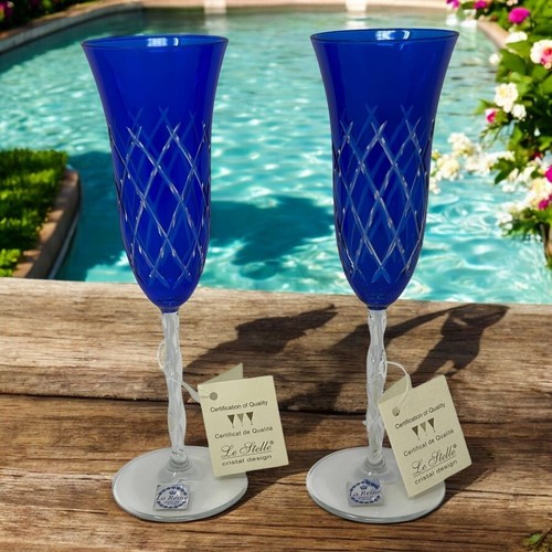 Cobalt Blue Cut to Clear Crystal Champagne Flutes Set Of 2 Hand Made Italy 8.5"