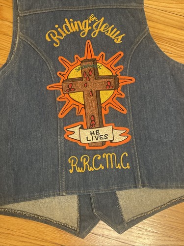 Vintage 80s Large Wrangler Harley WWJD Riders For Christ CMC Patches Biker Vest - Picture 10 of 12