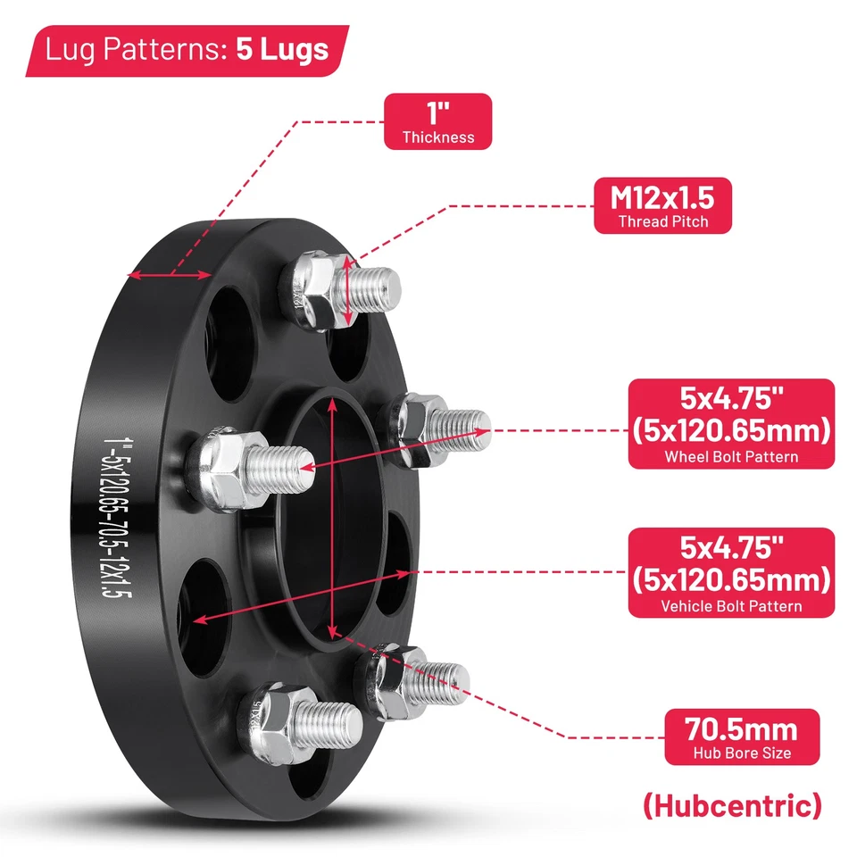 2x 25.4 mm 5x120.65 mm Wheel Spacers Black For GMC S15 1982-1990 - Image 2 of 4