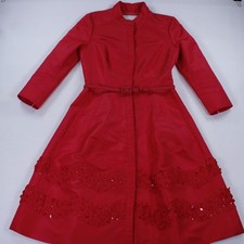 Carolina Herrera Red 100% Silk Embroidered Belted A-Line Shirt Dress Sz 6