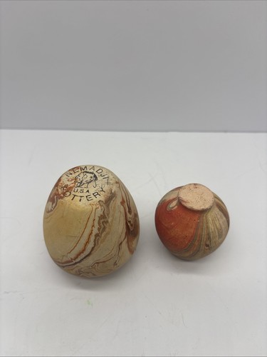 2 Stück Nemadji Ton Keramik Vase Orange Wirbel Handarbeit Vintage - Bild 6 von 6