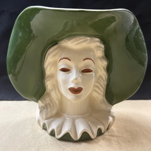 Royal Haeger Green Lovely Lady Hat 6” Head Vase Planter Japan 1950s