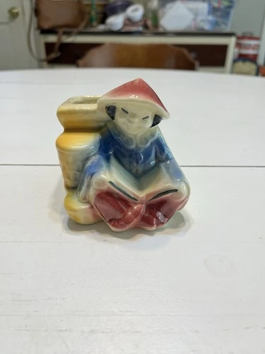 Vintage Shawnee Pottery 574 Reading Asian Girl Planter Blue Shirt Red Hat 4"