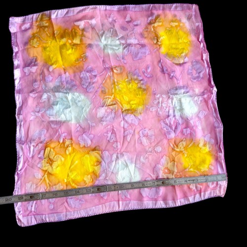 Vintage Sheer Pink Floral Silk Scarf Yellow Roses  Hand Rolled Edges Textured  - Picture 3 of 13