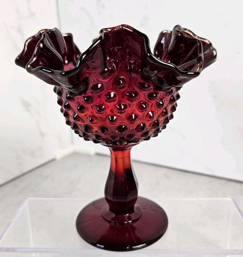 Fenton Hobnail Ruby Red Cadnium Glow Glass Compote Pedestal Dish w/ Crimped Rim - Picture 5 of 17