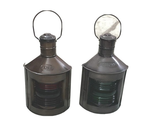 Pair Of 2 Antique Finish Port & Starboard Lanterns ~ Nautical Oil Lamp Ship Ligh - Picture 2 of 3