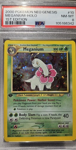 2000 Pokémon 1st Edition American Neo Destiny MEGANIUM-HOLO Card#10 PSA-8 Swirls - Picture 2 of 11