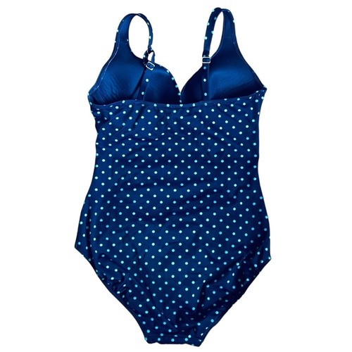 Spanx Women’s Sz 12 Adjustable Ruched One Piece Shaping Swimsuit Navy Polka Dot - Picture 6 of 12