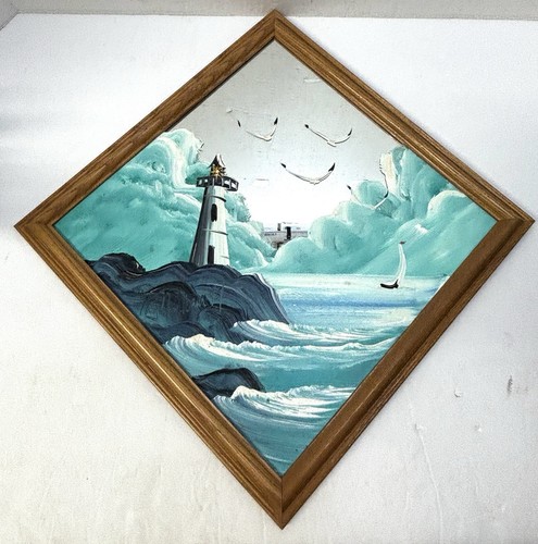 Dipinto olio vintage su specchio faro su scogliera sopra oceano firmato originale - Foto 1 di 8