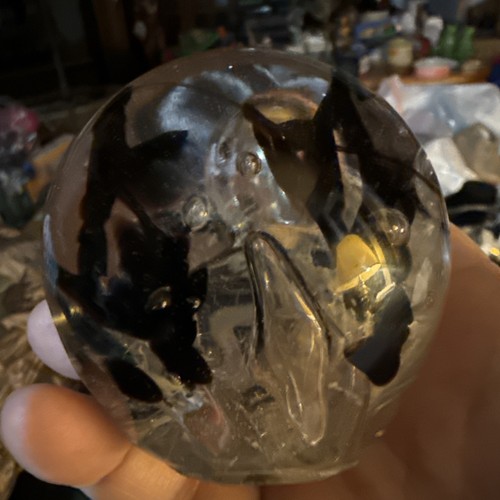 Large 2+ lb Art Glass Paperweight Black Swirls in Clear Glass Controlled Bubbles