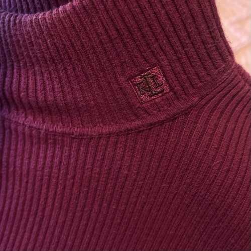 Y2K Lauren Ralph Lauren Mock Neck Ribbed Sweater PM Logo Quiet Luxury Magenta - Picture 2 of 8