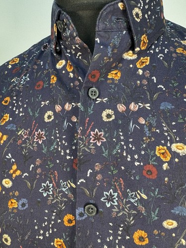 Next Mens Long Sleeved Floral Shirt Size Medium Slim Fit Cotton Blue - Picture 3 of 12