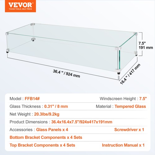 VEVOR Pare-vent pour Foyer Pare-flamme Verre Trempé 924x417x191mm Épaisseur 8mm - Imagen 7 de 12
