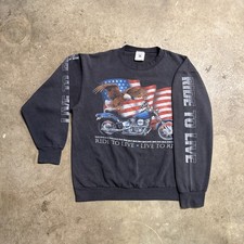 Vintage 3D Emblem Sweatshirt Large Black 80s USA Harley Davidson Eagle Ride Live