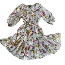 Maison Tara Floral Spring Dress | S Wrap, Cottagecore, Puff Sleeves, Ruffles