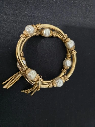 Vtg MIRIAM HASKELL Baroque Peals Beaded Gold Pl Tassels Fringe Wire Bracelet