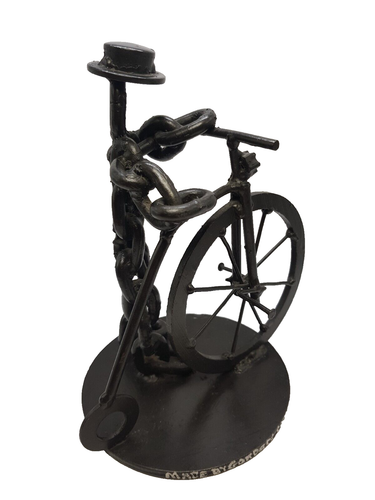 Scrap Metal Hand Made Chain Link Figure Man & Penny Farthing Statue Figurine Art - Picture 10 of 14