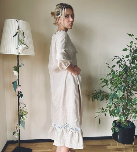 Linen Dress Long Sleeved Linen Nightgown Sleepwear Nightdress Camisole Dress