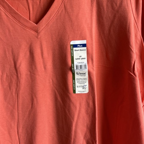 1X (16W-18W) Terra & Sky Women’s Plus Core V-Neck Short Sleeve Tee Orange Tulip - Picture 8 of 12