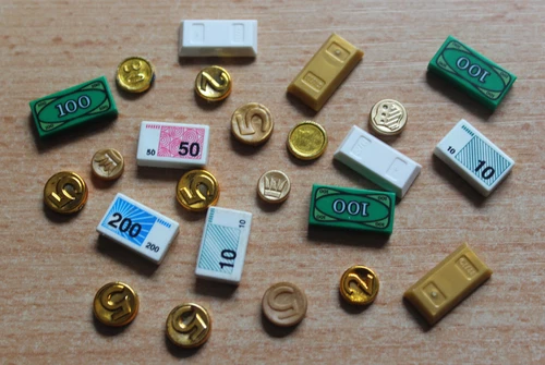 LEGO; Kleines Sortiment Geld, Münzen, Scheine, Gold, Barren  etc.