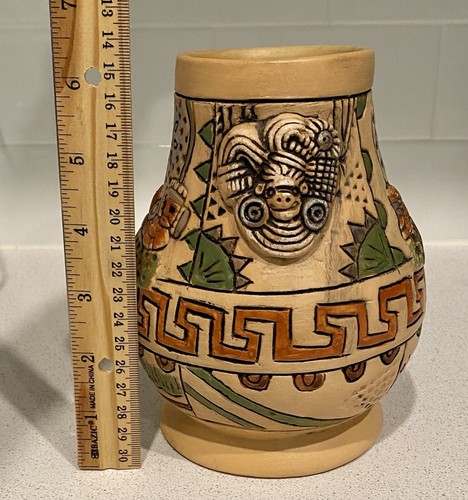Hand Painted Mexican Pottery Vase Hand Carved Stamped - Picture 6 of 8