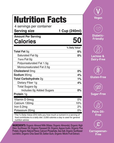 Organic Almond & Chia Milk Zero Sugar Almond Milk with 800mg OMEGA-3 and Preb... - Imagen 5 de 7