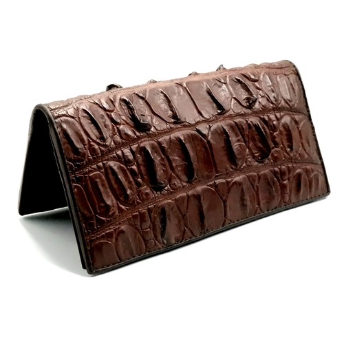 New Real Dark Brown Croc Back Bone Leather Skin Unisex Long Bifold Wallet. - Picture 6 of 11