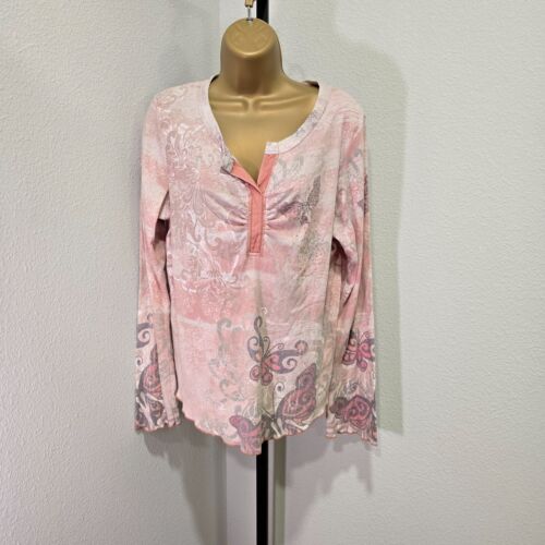 Vintage One World Top Women XL Pink Peach Butterfly Studded Paisley Ruched Fairy - Picture 5 of 8