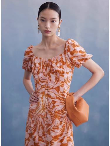 Retro Bubble Sleeve Mulberry Silk Floral Printe Women Long Vacation Dress Casual - Imagen 3 de 5