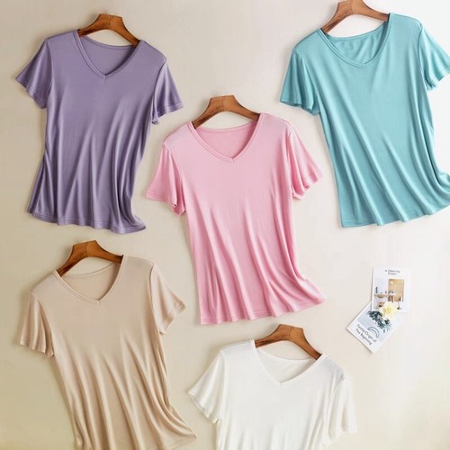 Women Casual Premium Basic Tee T-Shirt Silk Short Sleeve V Neck Solid Top Tee - Picture 1 of 50