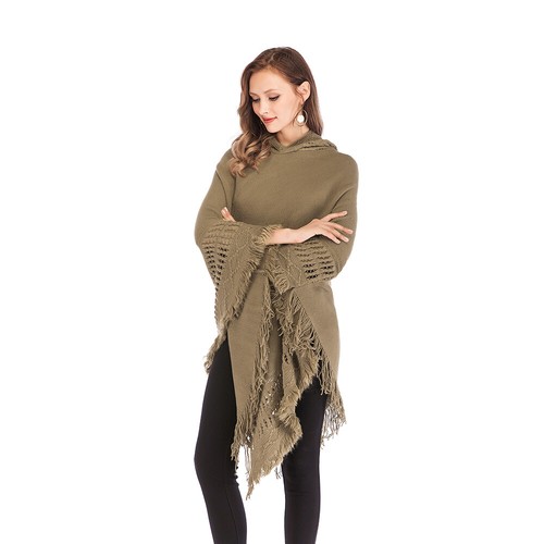 Poncho maglione donna scialle irregolare mantello cappuccio giacca maglia nappa top taglia unica - Foto 6 di 25