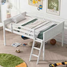 Full Size Wood Low Loft Bed with Ladder on The Left or Right, White