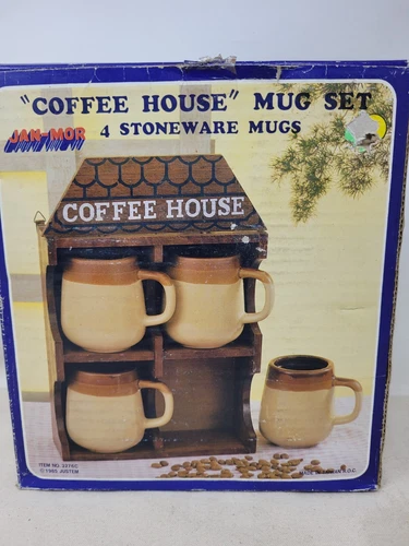 jan mor coffee house mug set 4 stoneware mugs 1985 3276c new in box vintage