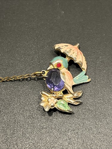 Fred Gray Brooch Rare Love Birds Chatelaine Enameled Rhinestones Signed Vintage - Picture 8 of 8